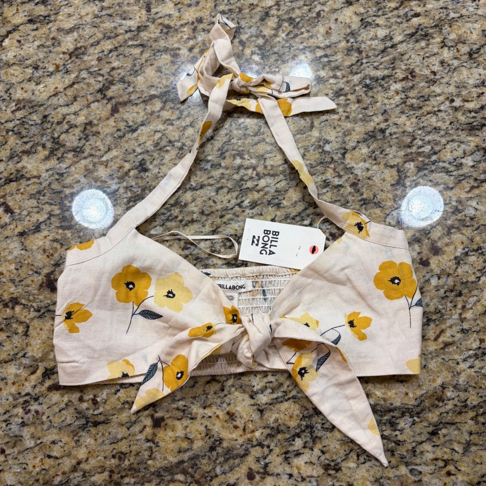 NEW Billabong Womens Floral Tie Front Halter Crop Top Yellow Cream Size M ws